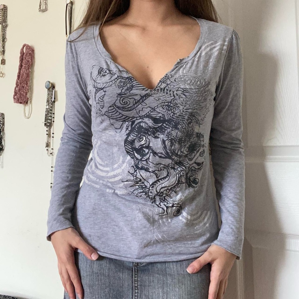 Calvin Klein Jeans Gray Dragon Print Blouse